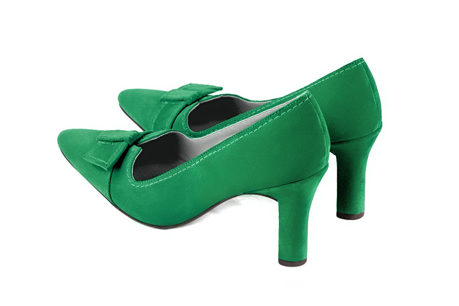 Emerald green women's dress pumps, with a knot on the front. Tapered toe. High kitten heels. Rear view - Florence KOOIJMAN